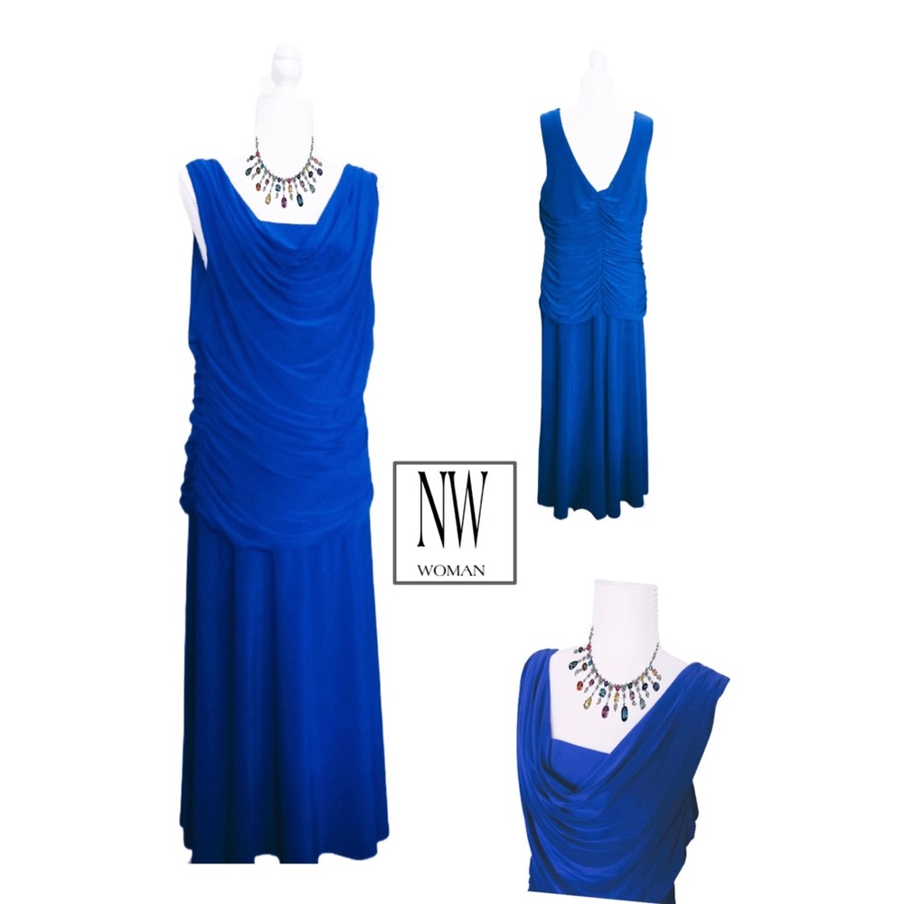 NW Woman ROYAL BLUE Ruched Drape Neck Sleeveless Sheath Dress